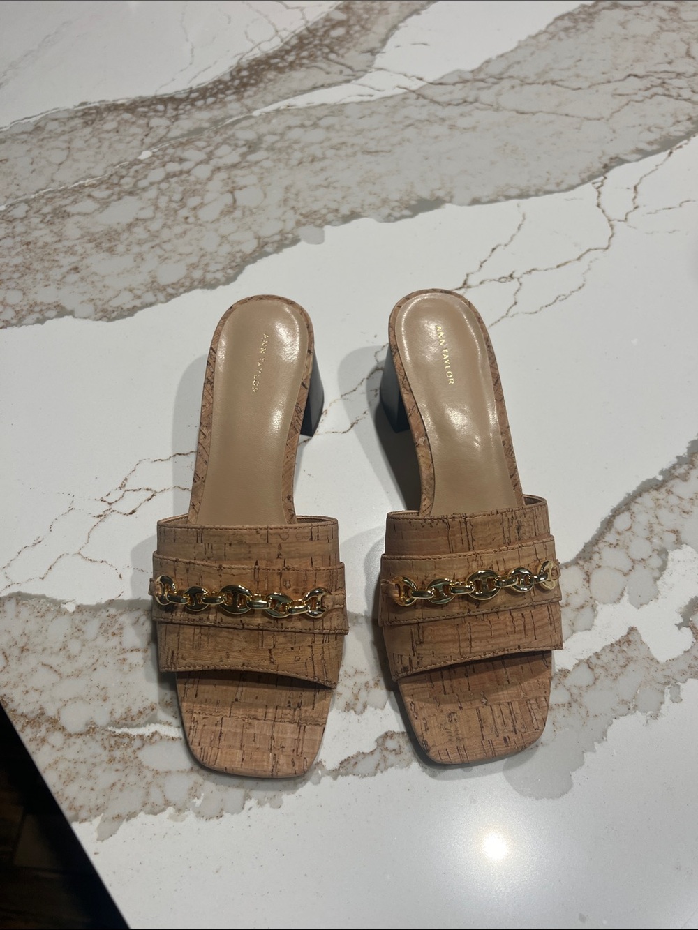 Ann Taylor Cork Square-Toe Slide Mules with Gold Chain